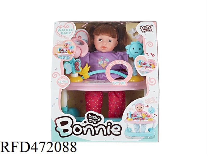 14 INCH 12 SOUND FEMALE DOLL + MUSIC WALKER WITH LIGHT + ACCESSORIES