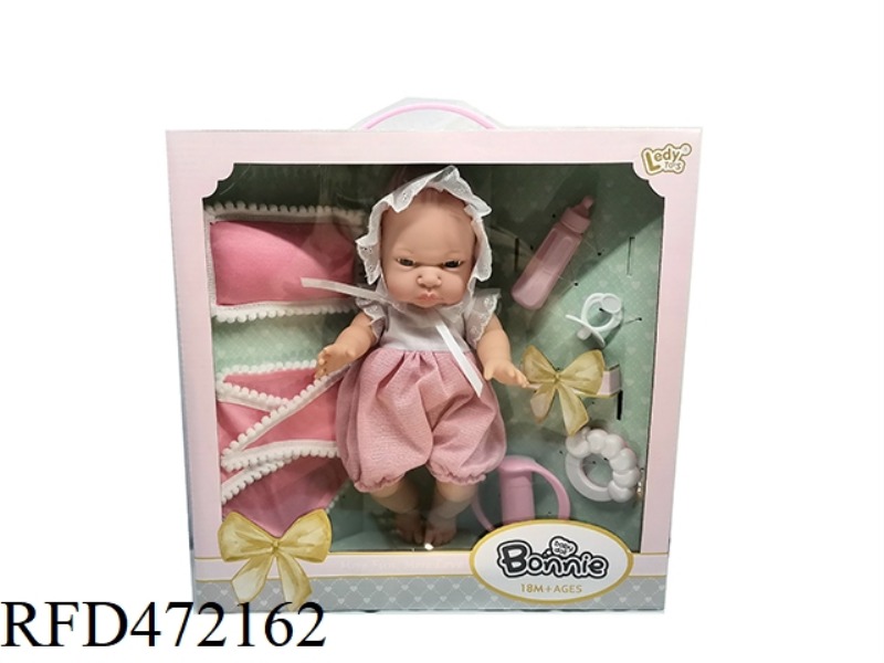 12 INCH FULL VINYL BABY DOLL + PILLOW SQUARE + BOTTLE RATTLE AND OTHER ACCESSORIES