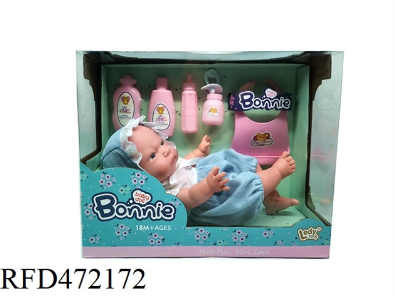 12-INCH FULL VINYL BABY TWO-PIECE PULLOVER DOLL + BOTTLES AND CANS AND OTHER ACCESSORIES