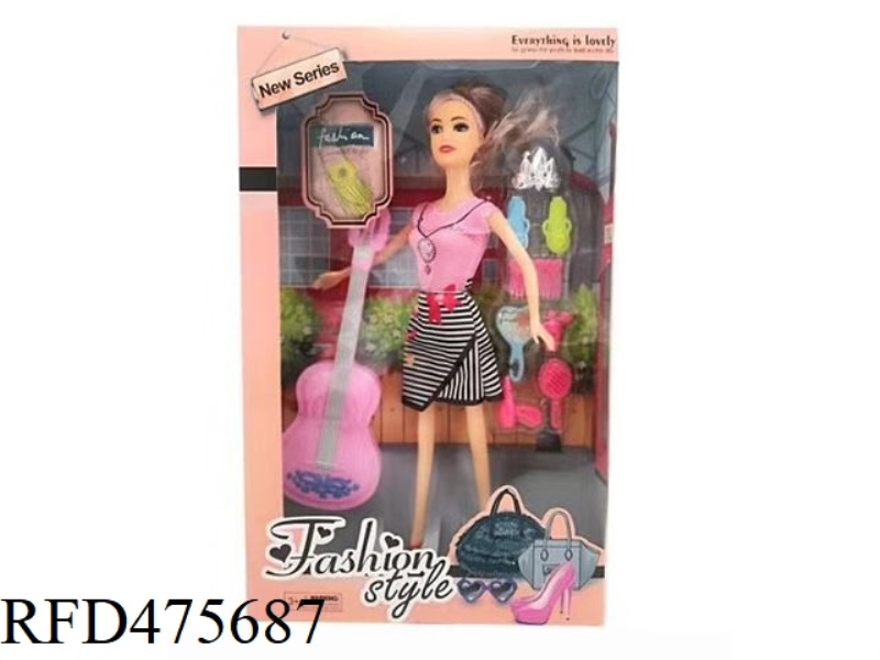 11.5 INCH LIVE HAND SOLID BODY BARBIE WITH BIG GUITAR DRESS UP PLASTIC ACCESSORIES