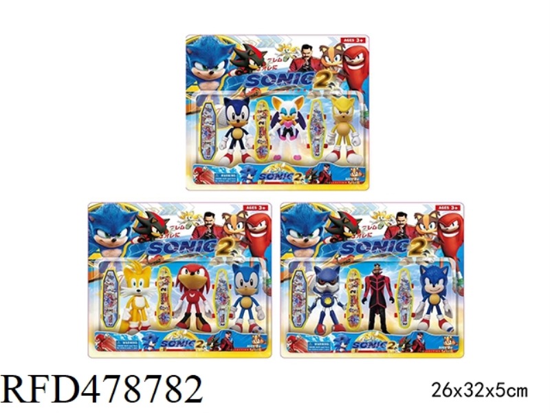 4 INCH SONIC PVC DOLL 3 + 3.5 INCH SKATEBOARD, 3 MIXED (HEAD, HAND, FOOT JOINTS CAN MOVE,) DISASSEMB