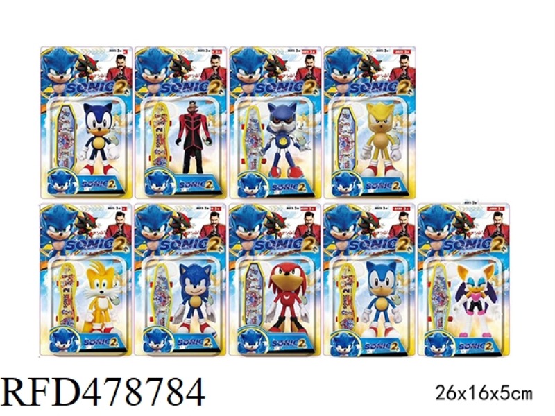 4 INCH SONIC PVC DOLL SINGLE + 3.5 INCH SKATEBOARD, 9 MIXED (HEAD, HAND, FOOT JOINTS CAN MOVE,) DISA