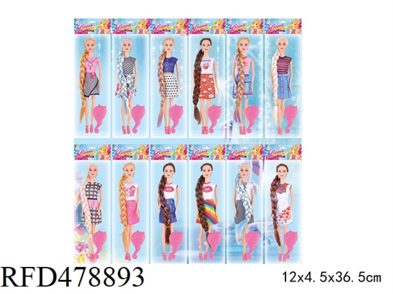 SOLID BODY 11.5 INCH 5 JOINTS BARBIE LONG BRAID DOLL + COMB (12 DOLLS MIXED)