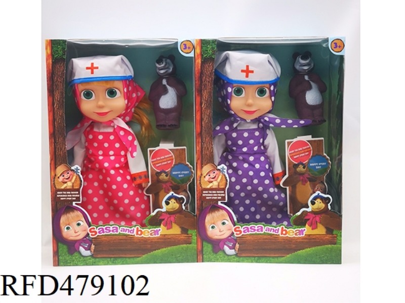 10 INCH EMPTY BODY WITH IC MASHA DOLL WITH BEAR + DOCTOR HAT POLKA DOT 2 COLOR MIX (ROSE RED, PURPLE
