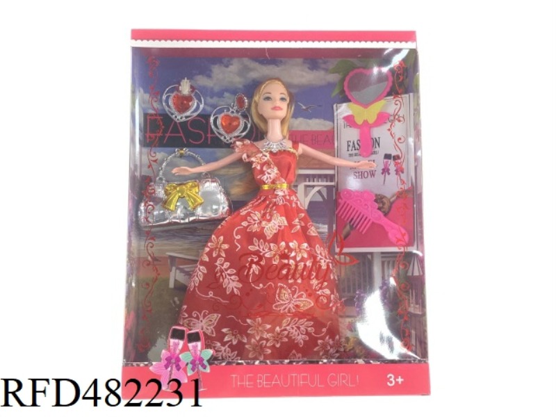 11.5 INCH 5 JOINTS SOLID BODY BARBIE BOX WITH LARGE CLUTCH EARRINGS MIRROR COMB NECKLACE