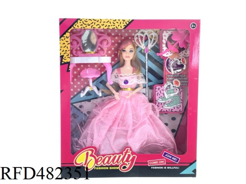 11.5 INCH NINE-JOINT SOLID BODY EVENING DRESS FASHION BARBIE DOLL SET WITH DRESSER CHAIR MAGIC WAND