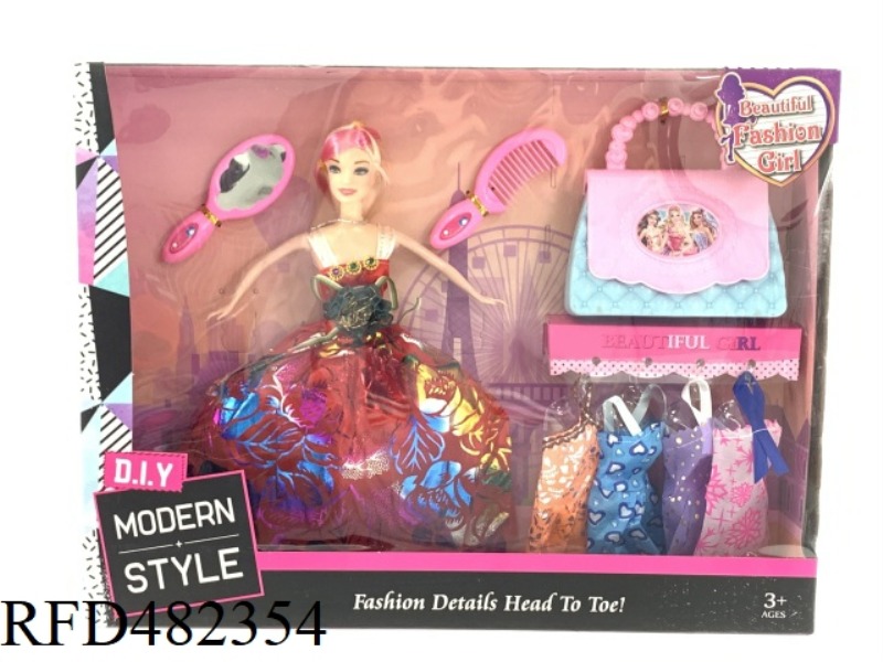 11.5 INCH FIVE-JOINT SOLID BODY FASHION BARBIE DOLL SET WITH TOTE BAG MIRROR COMB NECKLACE CLOTHING