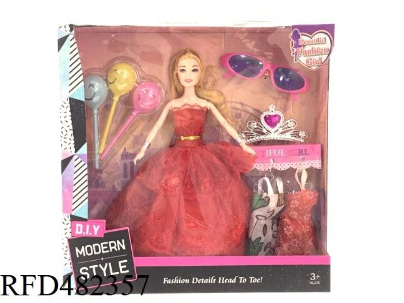 11.5 INCH NINE-JOINT SOLID BODY FASHION EVENING DRESS BARBIE DOLL SET WITH BALLOON GLASSES CROWN BRA