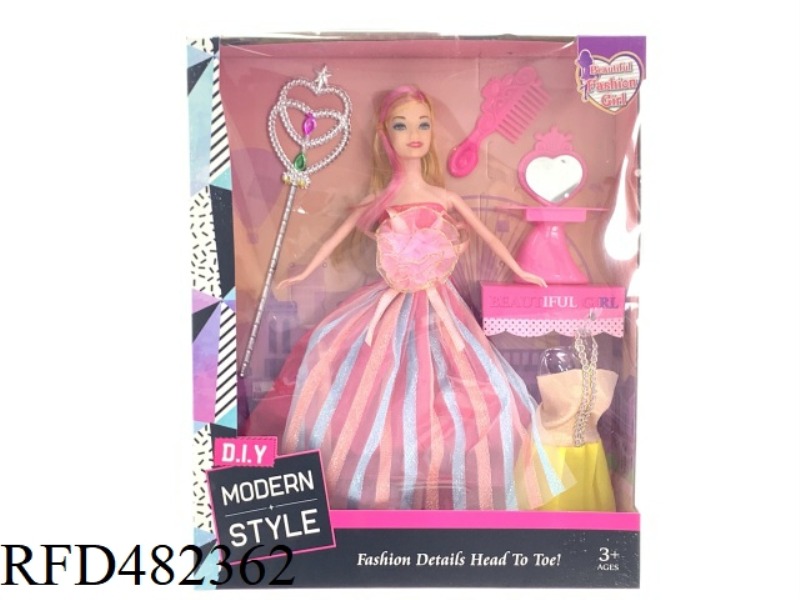 11.5 INCH FIVE-JOINT SOLID BODY EVENING DRESS BARBIE DOLL SET WITH MAGIC WAND COMB DRESSER DRESS 1 P