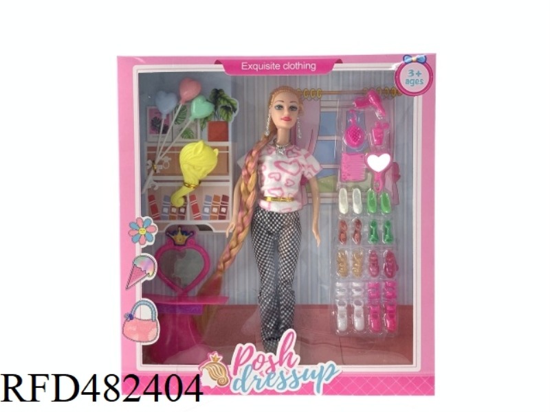 11.5 INCH BIG FOOT FIVE JOINT SOLID BODY FASHION DRESS BARBIE DOLL SET WITH SHOES BALLOON DRESSER