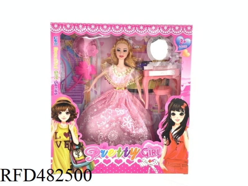 11.5 INCH SOLID BODY FASHION BEAUTIFUL GIRL BARBIE DOLL SET WITH HAT DRESSING TABLE COMB