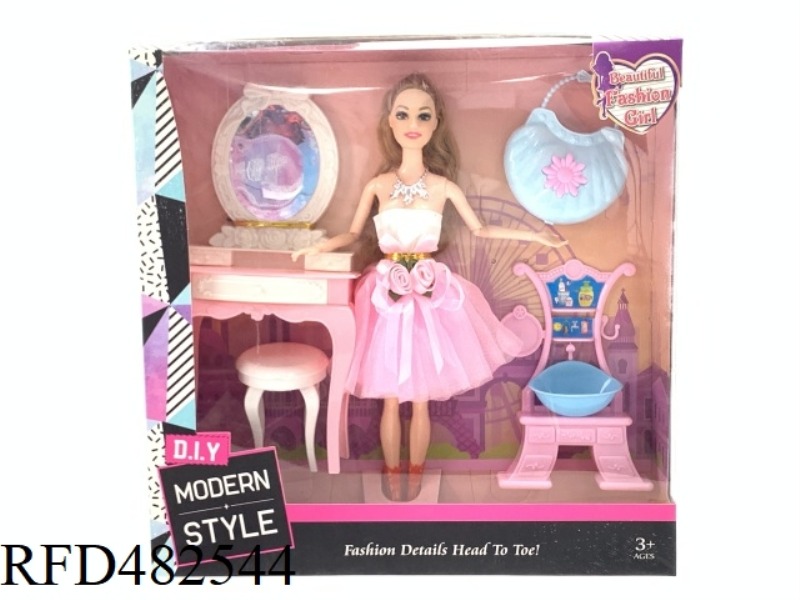 11.5 INCH FASHION BEAUTIFUL GIRL SOLID BODY 5 JOINT FASHION BARBIE DOLL WITH DRESSER HANDBAG WASHSTA
