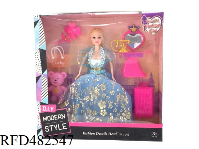 11.5 INCH FASHION BEAUTIFUL GIRL SOLID BODY 5 JOINTS FASHION EVENING DRESS BARBIE DOLL WITH BEAR ELE