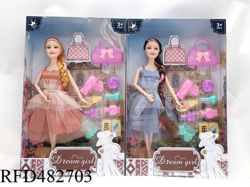 11.5 INCH 9 JOINTS SOLID BODY LONG BRAID FASHION BARBIE WITH BAG + COMB MIRROR BLISTER 2 MIXES