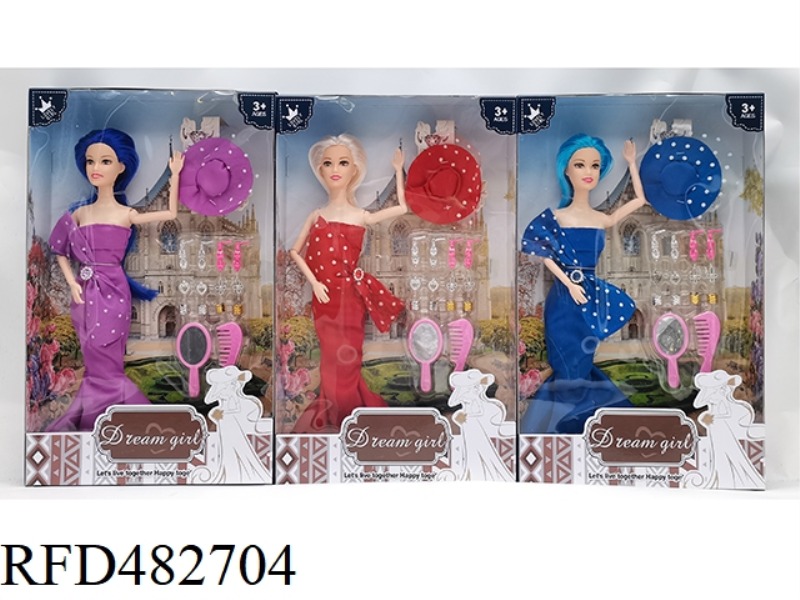 11.5 INCH 9 JOINTS SOLID FISHTAIL SKIRT FASHION BARBIE WITH HAT + EARRINGS BLISTER 3 MIXES