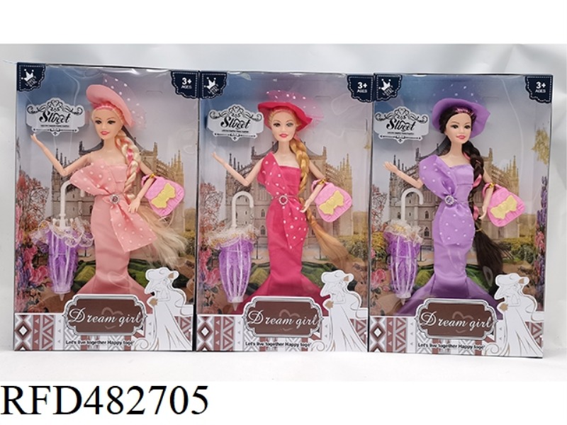 11.5-INCH 9-JOINT SOLID BODY LONG BRAIDED FISHTAIL SKIRT FASHION BARBIE WITH HAT + BAG + UMBRELLA 3