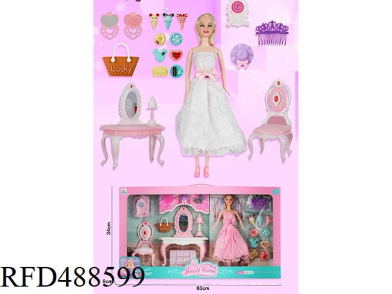 THE COMB TABLE COMES WITH AN 11.5-INCH PHYSICAL BARBIE