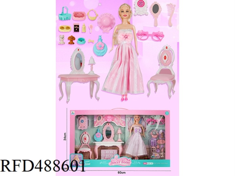 THE COMB TABLE COMES WITH AN 11.5-INCH PHYSICAL BARBIE