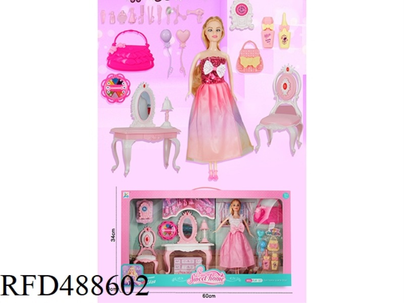 THE COMB TABLE COMES WITH AN 11.5-INCH PHYSICAL BARBIE