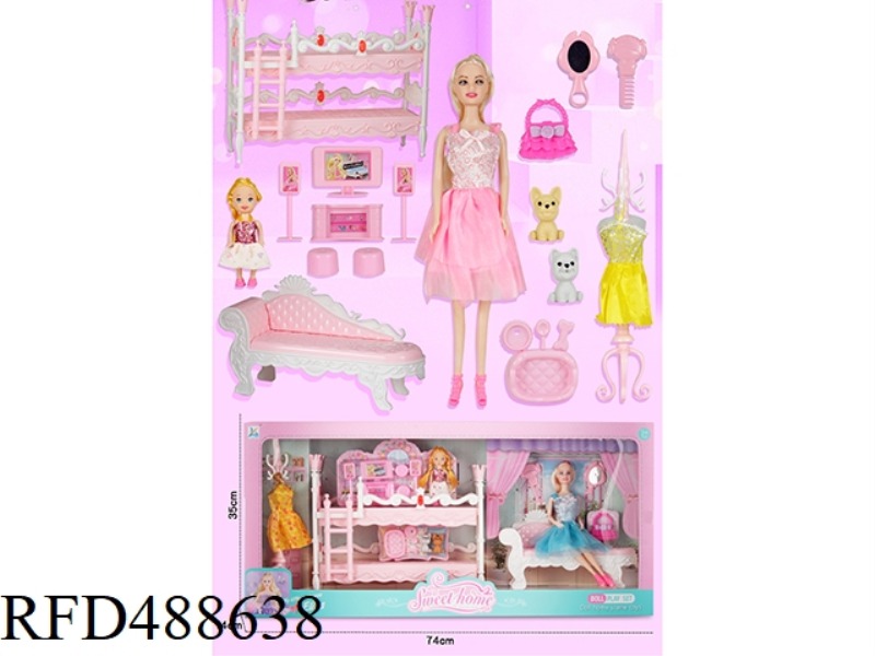 DOUBLE DECK PRINCESS BED CHAIR WITH 11 JOINT SOLID BODY BARBIE 3 INCH BABY BARBIE
