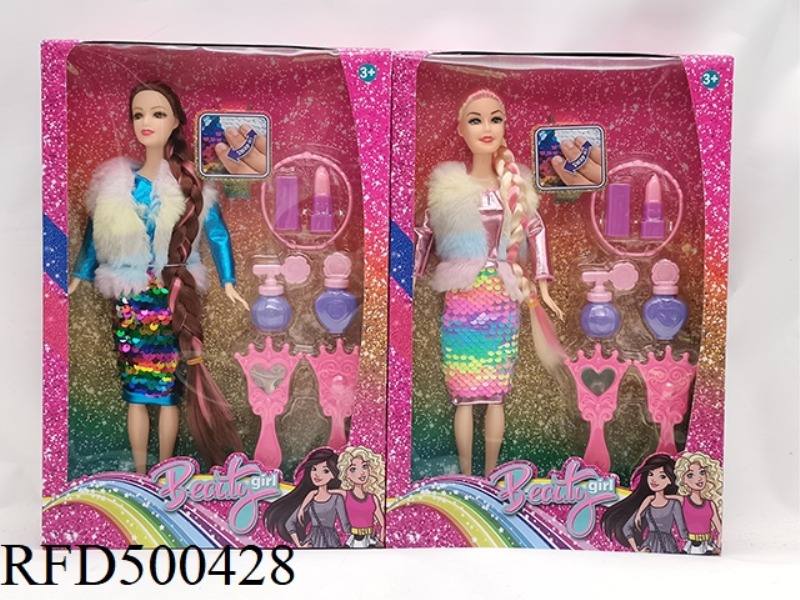 11.5 INCH JOINT BODY LONG BRAID FLASH COLOR CHANGING SKIRT BARBIE WITH LIP BALM COMB MIRROR BLISTER