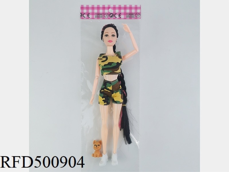 11-INCH FULL-BODY NINE-JOINTED BRAIDED MILITARY BARBIE DOLL WITH ARMY DOG
