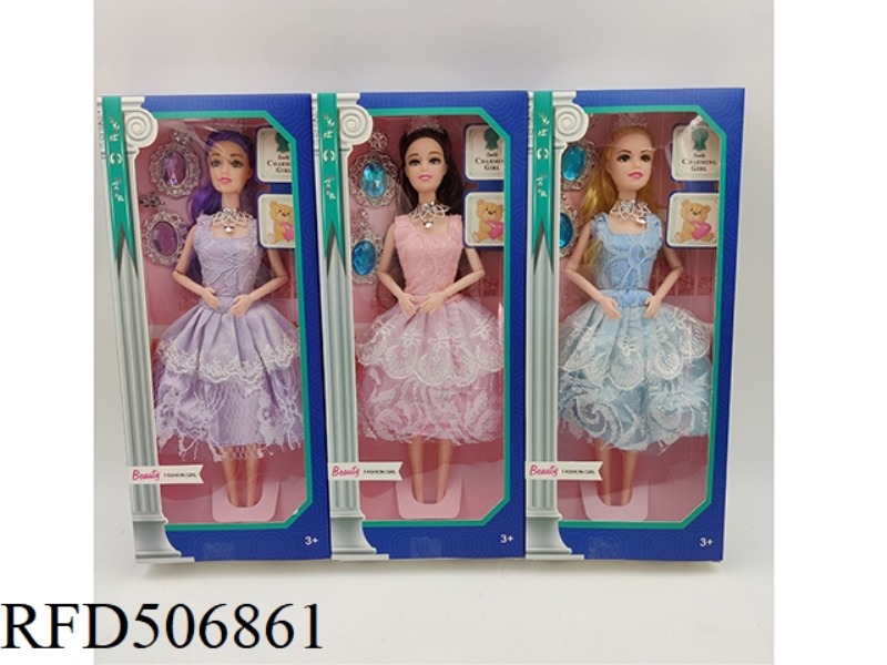11-INCH SOLID BODY 9-JOINT BARBIE + EARRINGS + NECKLACE + CROWN THREE-COLOR MIX