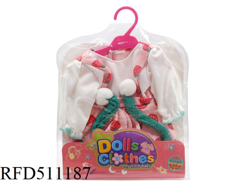DOLL CLOTHES * STRAWBERRY FLEECE SUSPENDER JUMPSUIT + GREEN SCARF