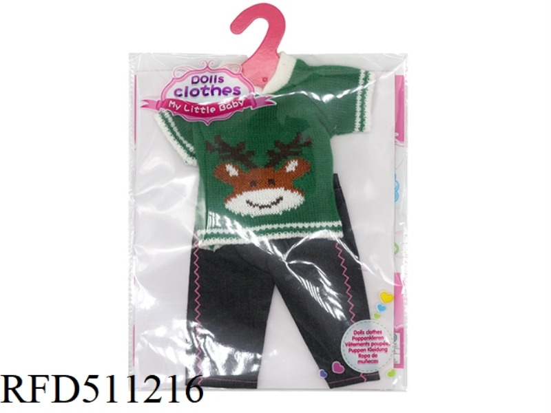 DOLL CLOTHES * GREEN WOOL REINDEER TOP + JEANS