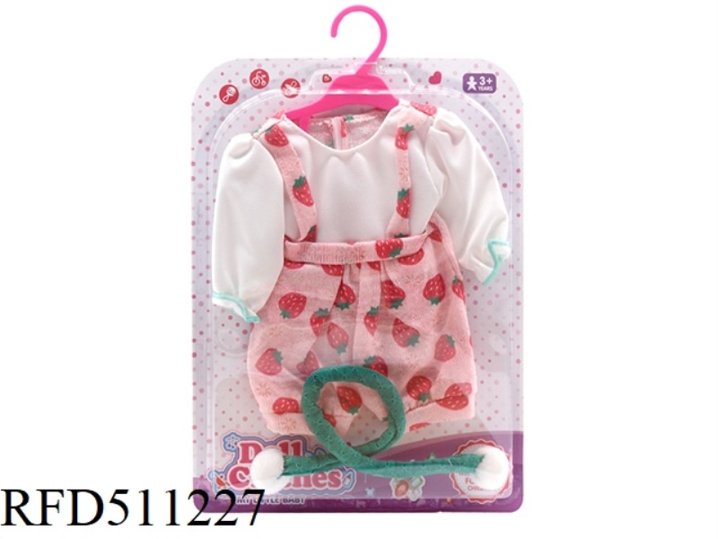 DOLL CLOTHES * STRAWBERRY FLEECE SUSPENDER JUMPSUIT + GREEN SCARF