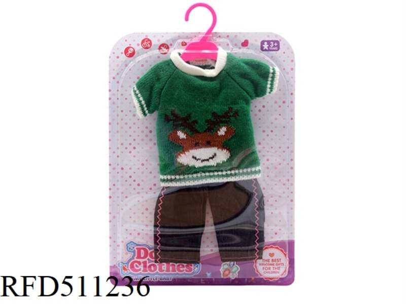 DOLL CLOTHES * GREEN WOOL REINDEER TOP + JEANS