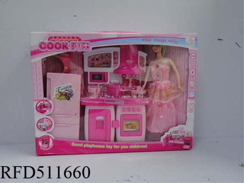 SEPARABLE CABINET + BARBIE + REFRIGERATOR PINK WITH LIGHTS AND MUSIC
