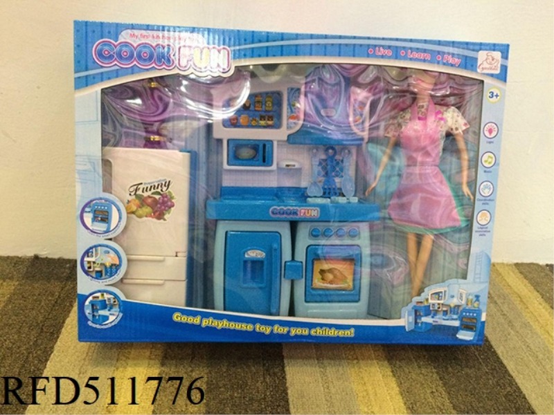 SEPARABLE CABINET + KITCHEN BARBIE + REFRIGERATOR BLUE WITH LIGHTS AND MUSIC