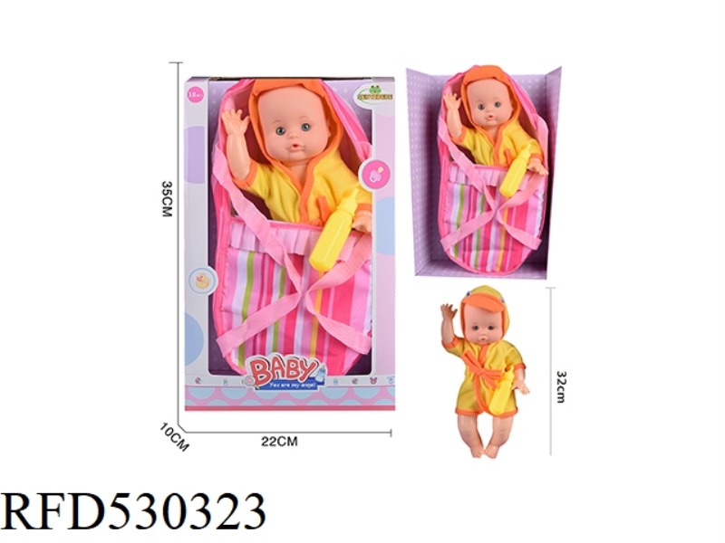 14 INCH BLOW BOTTLE, FIXED EYE WATER MALE DOLL. CARRY A WATER BOTTLE. CARRY A SCHOOL BAG. TAPELESS I
