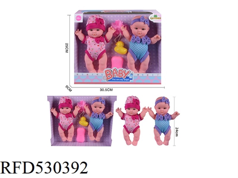 2 10 INCH RUBBER, FIXED EYE MALE DOLLS. WITH DUCK. SOAP. BATH BALL. TAPELESS IC