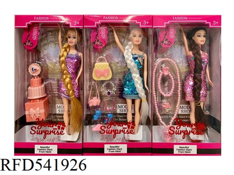 11-INCH FULL-BODY LONG HAIR BARBIE BEADED SKIRT WITH 3 ACCESSORIES SET (3 MIXED)