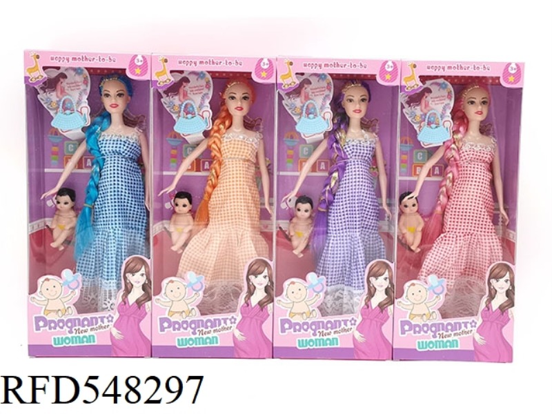 11.5 INCH JOINT SOLID BODY GOLD LONG BRAID FASHION PREGNANT BARBIE BAG + BABY 4 MIXED