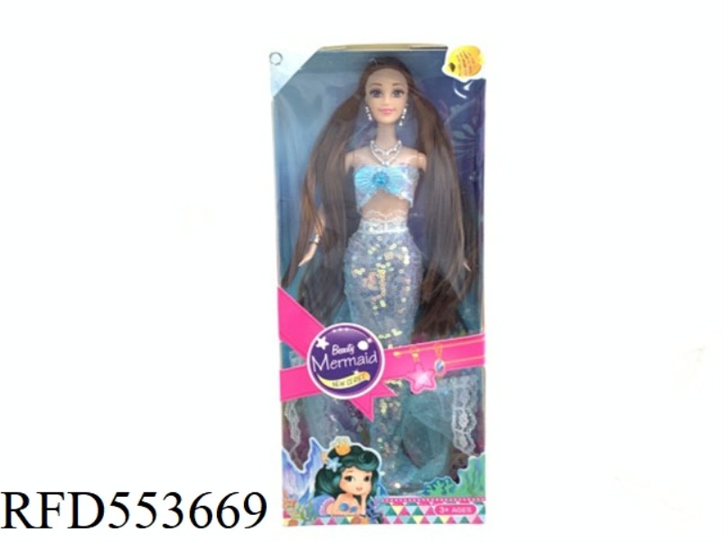 11-INCH BLUE SEQUINED MERMAID DOLL WITH EXTENDED HAIR