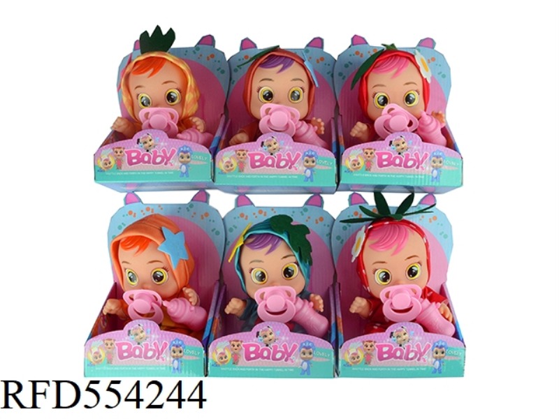 10 INCH TAPE CONCERT TEARS FRUIT CRYING DOLL WITH PACIFIER SIX MIXED PACK (WATERMELON, STRAWBERRY, P