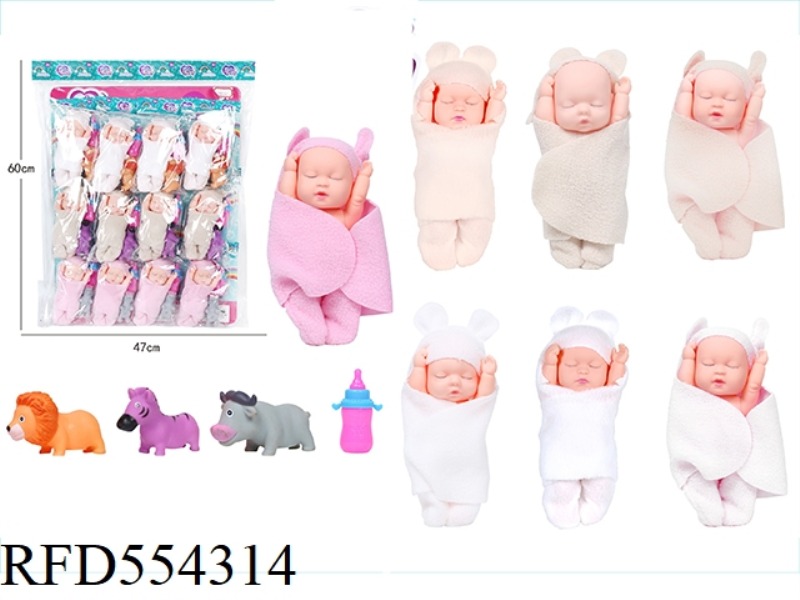 A VARIETY OF MIXED 6-INCH DOLLS WITH ANIMALS AND 12 BABY BOTTLES