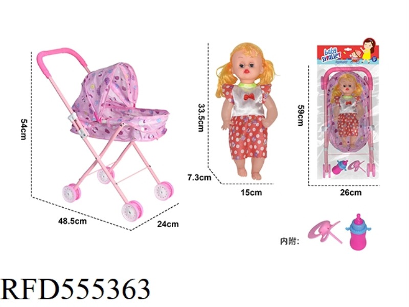 IRON TROLLEY WITH DOLL + BOTTLE + PACIFIER