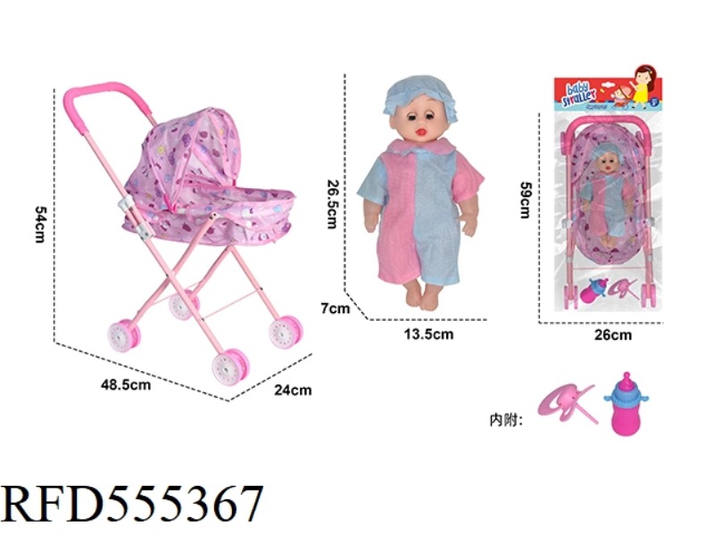 IRON TROLLEY WITH DOLL + BOTTLE + PACIFIER