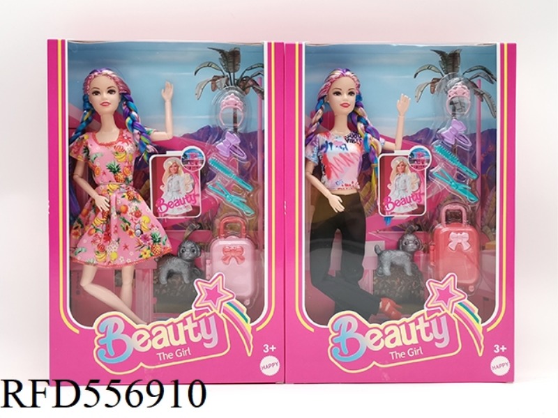 11.5 INCH ELEVEN JOINT SOLID BODY COLOR DOUBLE BRAID BARBIE WITH PET DOG + SUITCASE BLISTER 2 MIXED