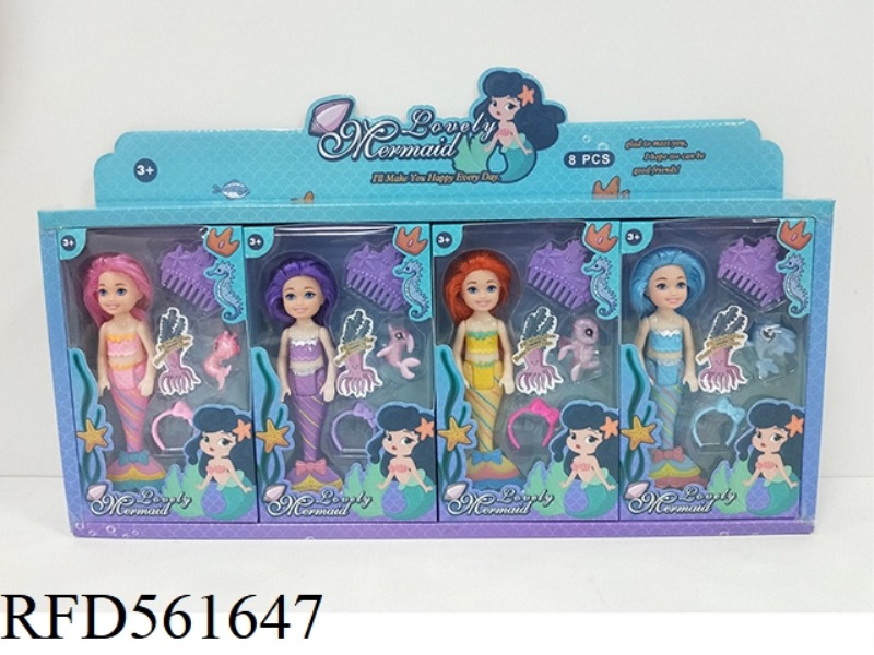 5 INCH MERMAID (BODY SPRAY PAINT) WITH COMB, HAIR TIE, SMALL ANIMAL 4PCS
