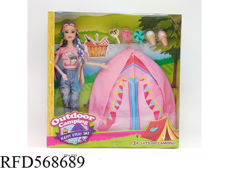 11.5-INCH 9-JOINT SOLID BODY COLOR DOUBLE BRAID FASHION BARBIE WITH TENT AND ICE CREAM BLISTER