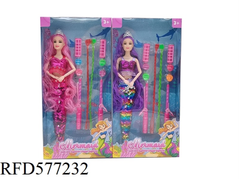 NEW 14-INCH REAL 9-JOINT FASHION BEADED DRESS MERMAID BARBIE WITH CROWN, HAIRPIN PLASTIC ACCESSORIES