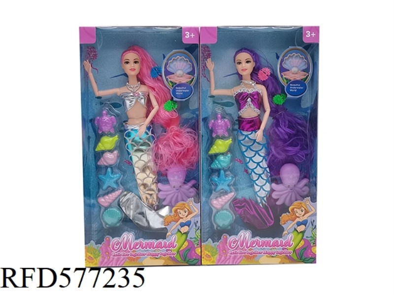 NEW 14-INCH REAL 9-JOINT FASHION DRESS MERMAID BARBIE WITH NECKLACE, OCTOPUS AND TURTLE PLASTIC ACCE