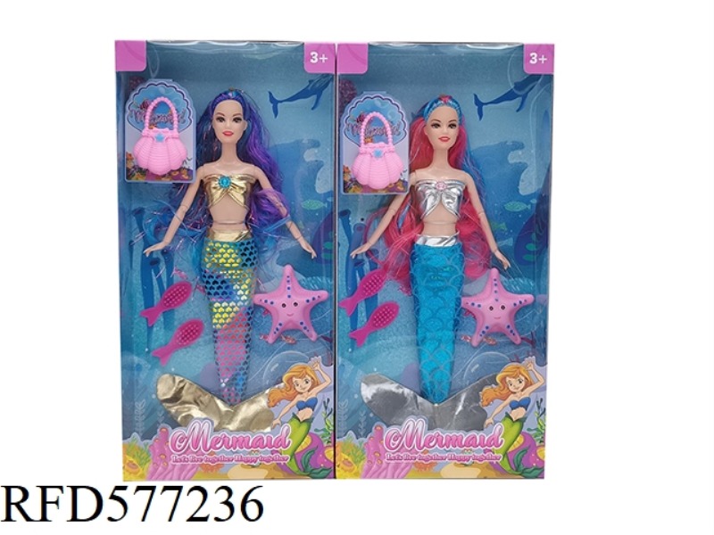NEW 14-INCH REAL 9-JOINT FASHION DRESS MERMAID BARBIE WITH HANDBAG, STARFISH AND COMB ACCESSORIES.