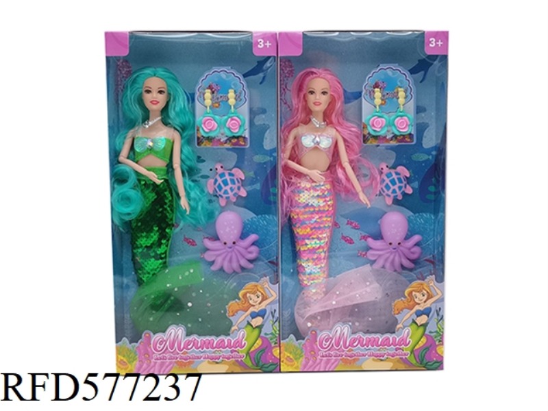NEW 14-INCH REAL 9-JOINT FASHION BEADED DRESS MERMAID BARBIE WITH NECKLACE, TURTLE, OCTOPUS AND EARR