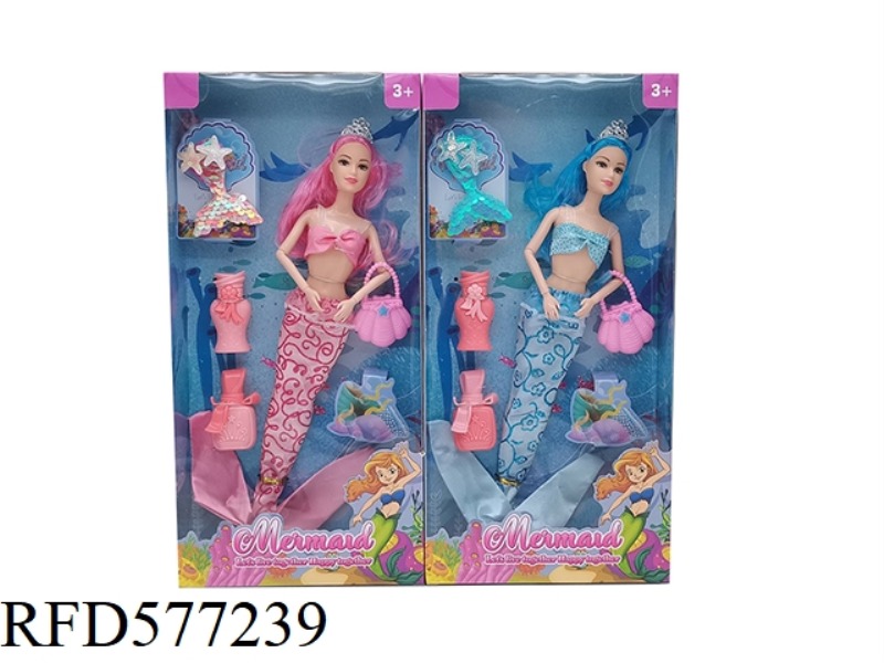 NEW 14-INCH REAL 9-JOINT FASHION DRESS MERMAID BARBIE WITH CROWN, JEWELRY, HANDBAGS, PERFUME BOTTLE